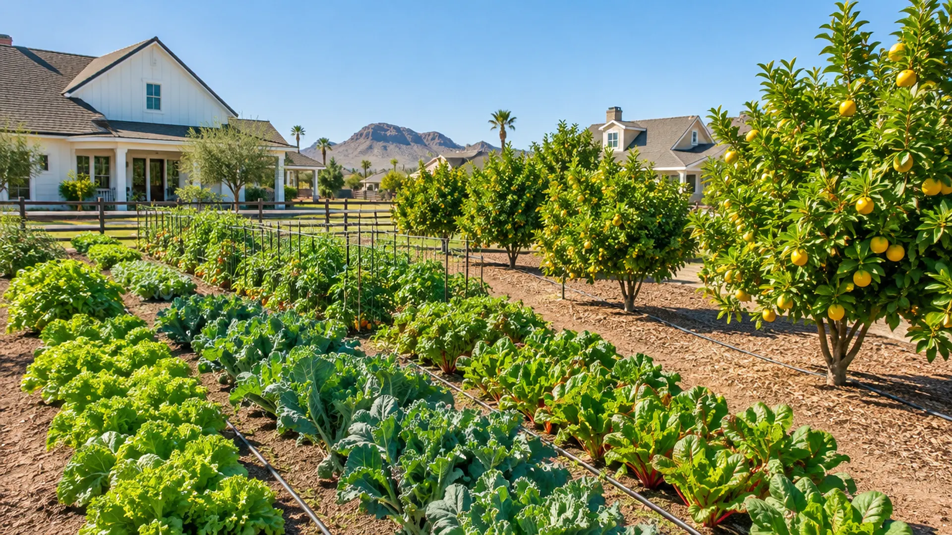 Rows of vegetables and citrus trees in a community urban farm next to farmhouse-style homes in Gilbert, Arizona, clear blue sky