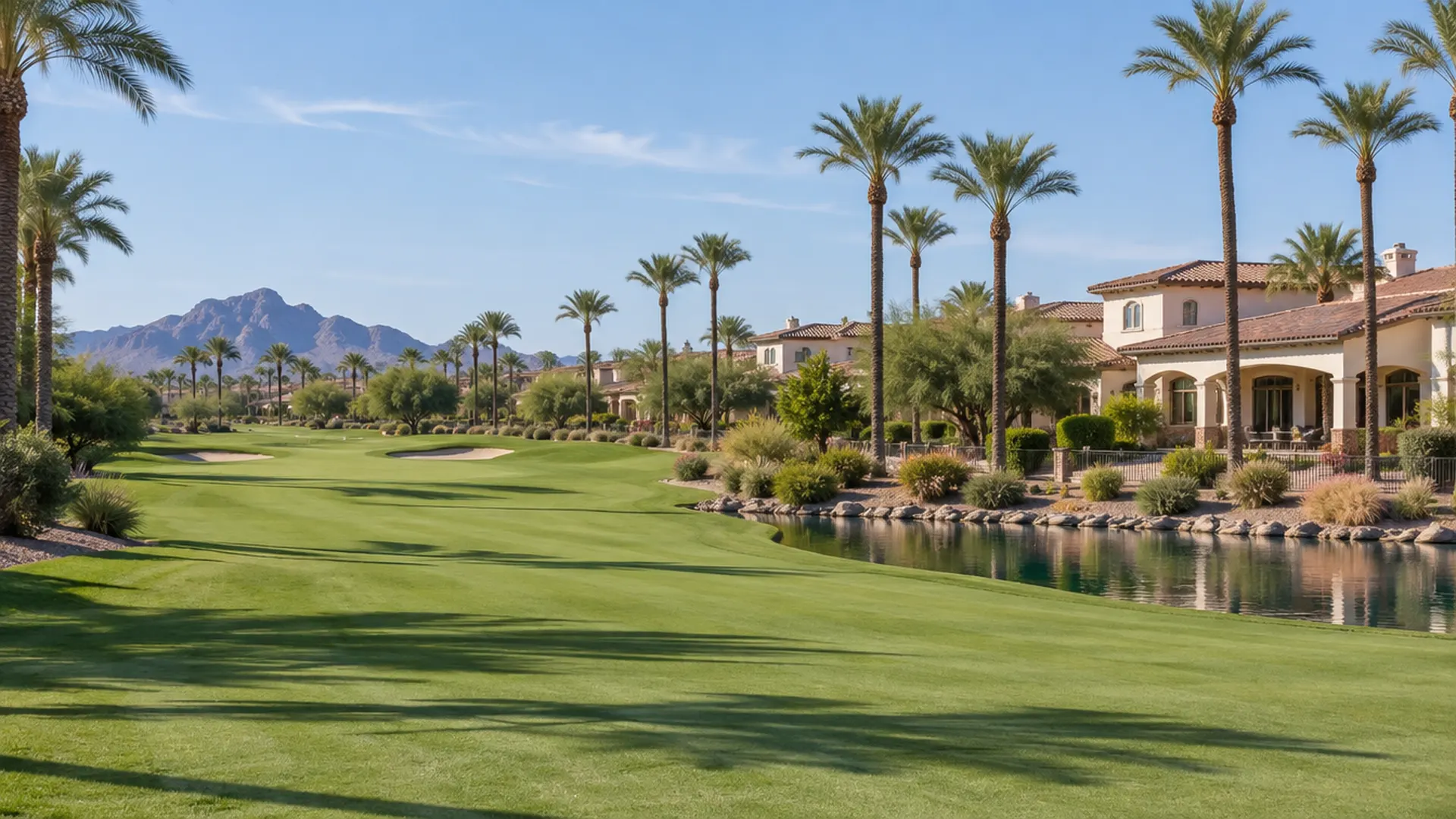 Golf course fairway with palm trees and large Spanish-style homes with tile roofs in a south Gilbert, Arizona community