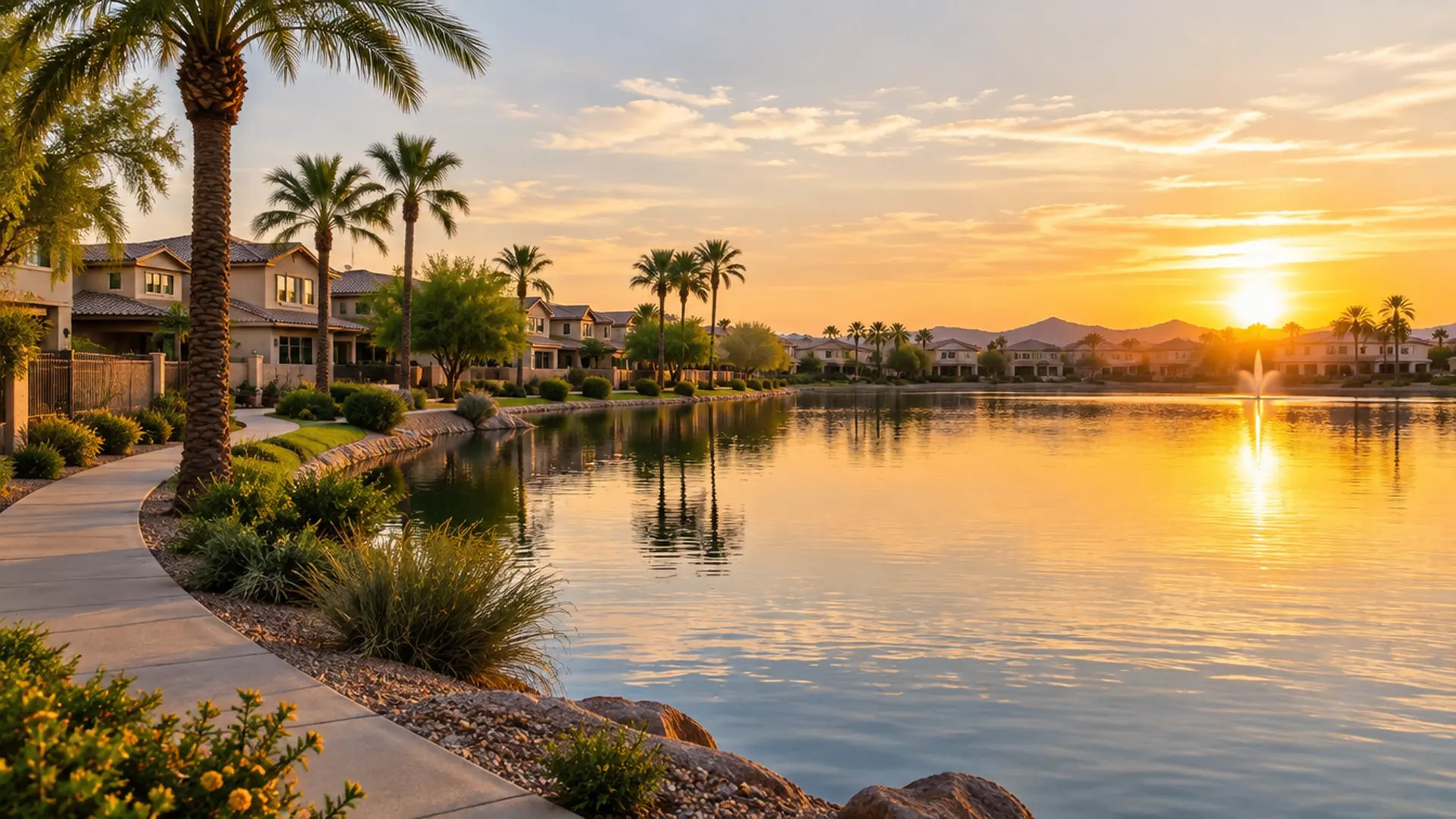 Calm man-made lake in a Gilbert, Arizona neighborhood lined with stucco homes, palm trees and a walking path at golden hour