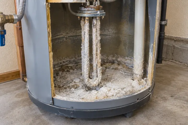 Cutaway view of the bottom of a tank water heater showing thick white mineral scale sediment around the heating element