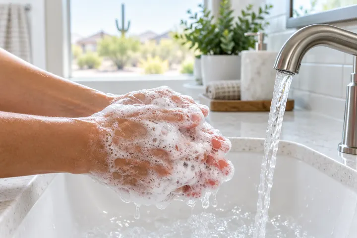 Hands lathering soap under a running faucet in a bright bathroom, rich foam and clear water, soft focus background