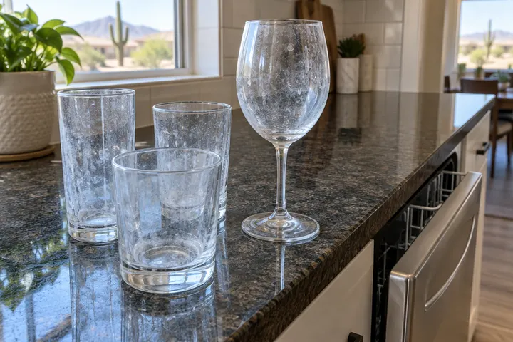 Drinking glasses and a wine glass covered in cloudy white hard-water spots on a dark granite kitchen counter beside a dishwasher