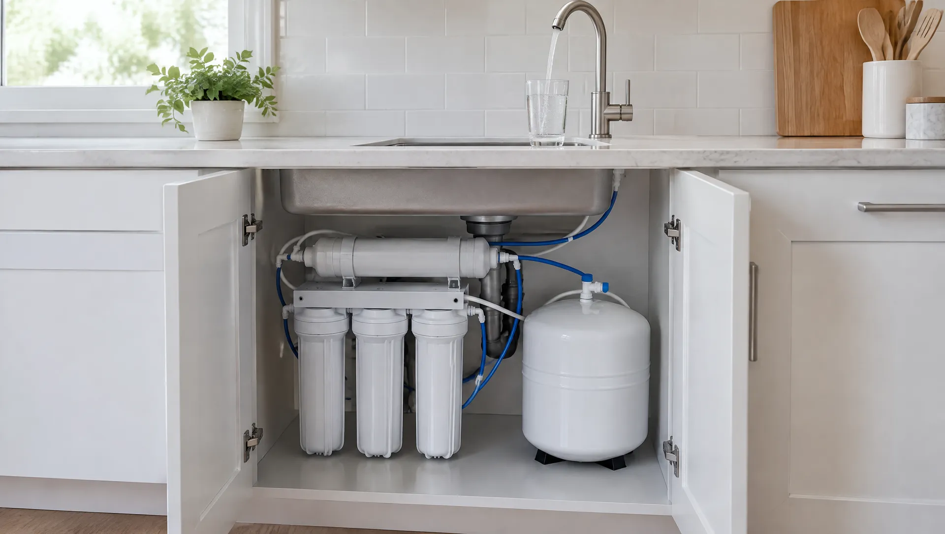 Under-sink reverse osmosis system with filters and storage tank below a drinking water faucet