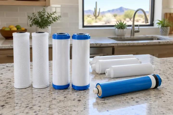 Set of new reverse osmosis replacement filter cartridges and a membrane laid out on a kitchen counter