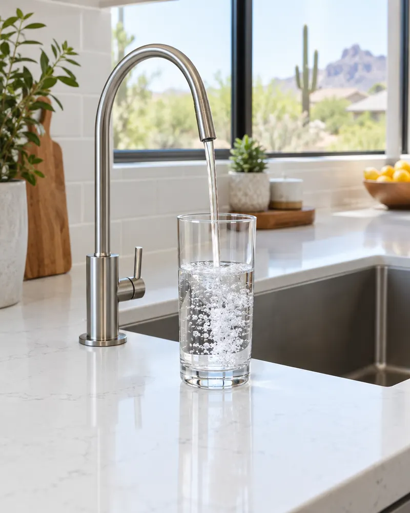 Glass of clear water being filled from a slim brushed-nickel reverse osmosis faucet beside a modern kitchen sink, white quartz counter
