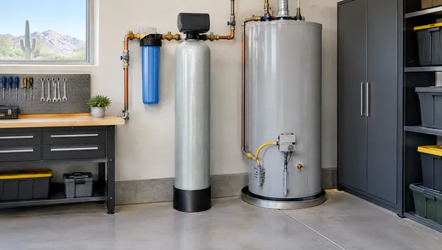 Salt-free water conditioner and pre-filter installed beside a water heater in a garage