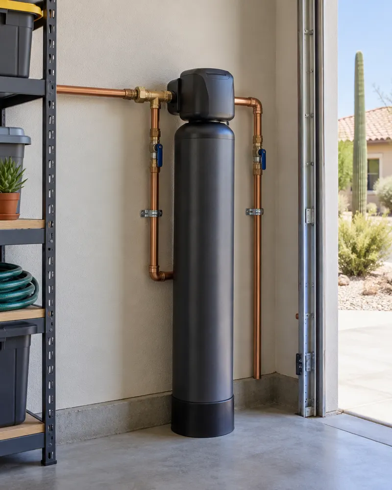 Slim salt-free water conditioner tank installed on copper plumbing in a garage, no brine tank, a neat compact installation