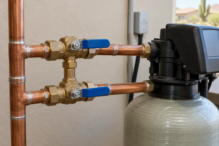Close-up of a water softener bypass valve with blue handles on copper plumbing next to the softener valve