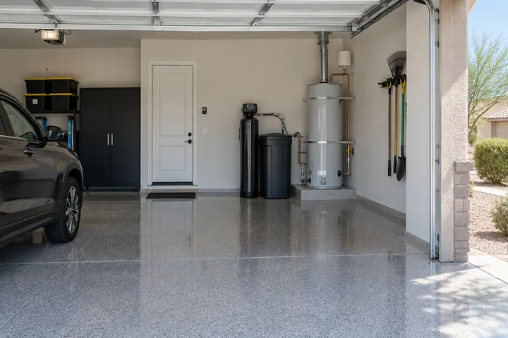 Wide view of a tidy two-car Arizona garage with a water softener and brine tank installed neatly against the wall next to the water heater, epoxy floor