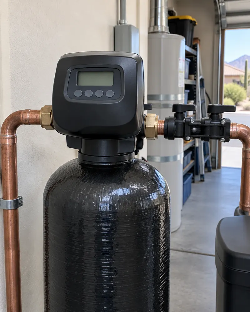 Close-up of a residential water softener control valve head on a dark resin tank with copper inlet and outlet pipes and a bypass valve, in an Arizona garage