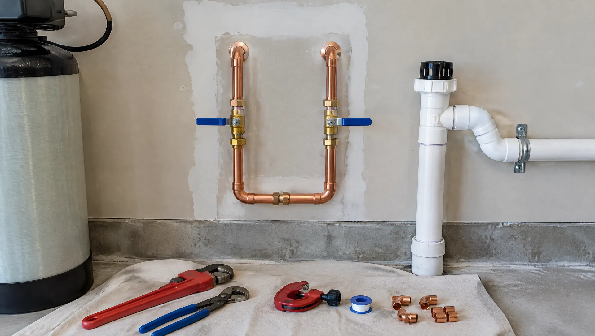 New copper softener loop with shutoff valves and a PVC drain line in a garage wall