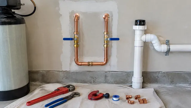 New copper softener loop with shutoff valves and a PVC drain line in a garage wall