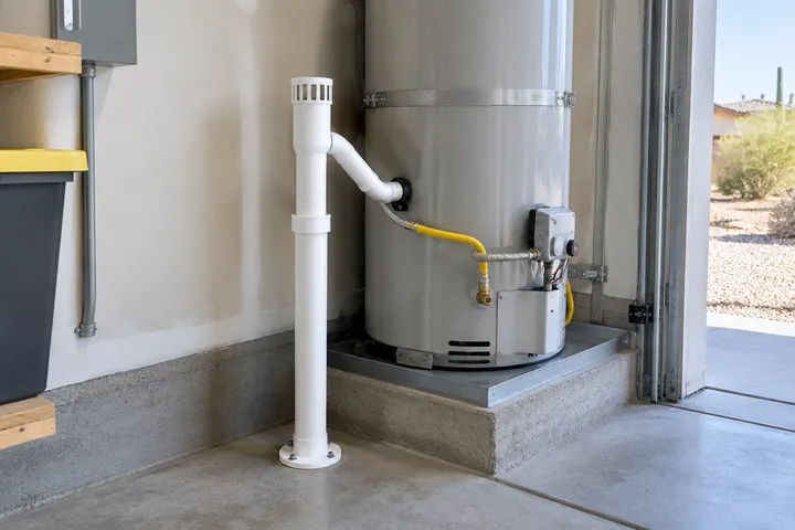 New PVC drain standpipe with an air gap fitting installed beside a water heater in a garage