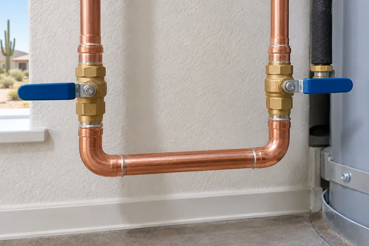 Close-up of new copper loop with two quarter-turn ball valves and sweat fittings, freshly soldered and clean