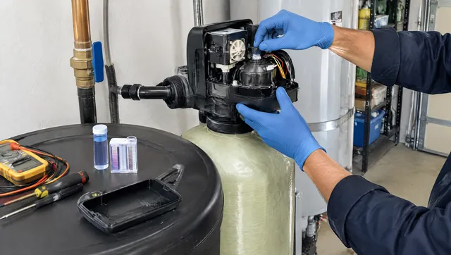 Technician servicing a water softener control valve with a water hardness test kit on the brine tank