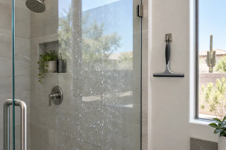 Shower glass with fresh white water spots returning, a squeegee hanging on the wall