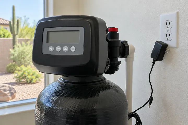 Water softener control valve with a blank display screen and the power adapter unplugged from the outlet