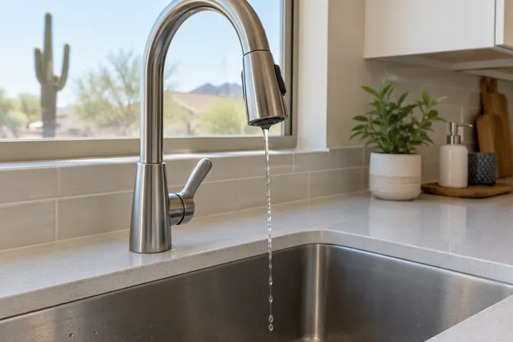 Weak trickle of water from a kitchen faucet into a sink, showing low water pressure