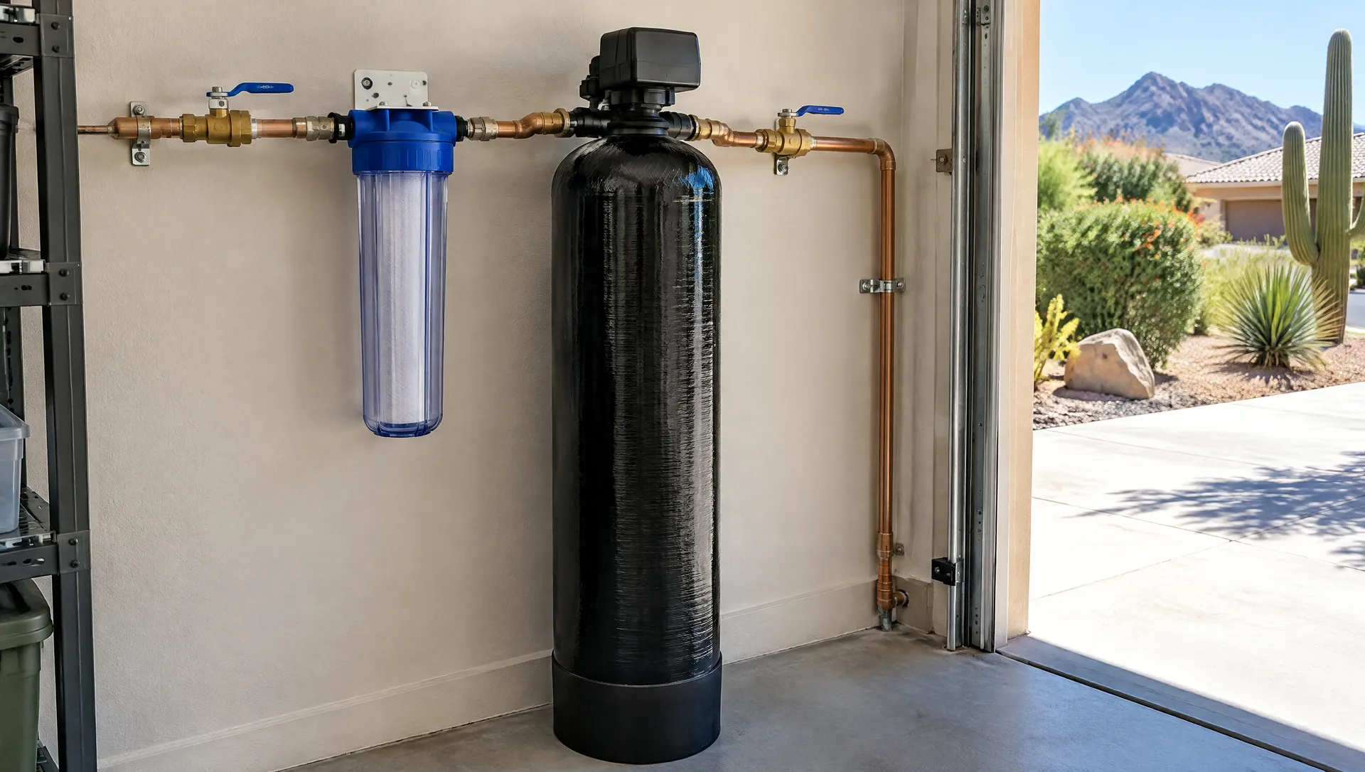 Whole-house carbon filter tank and sediment pre-filter on the main water line in an Arizona garage