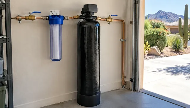 Whole-house carbon filter tank and sediment pre-filter on the main water line in an Arizona garage