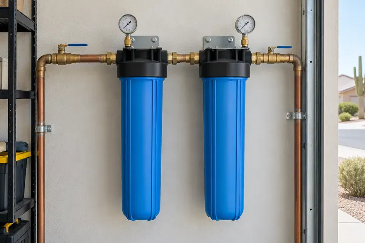 Twin big-blue cartridge filter housings mounted on a garage wall on the main water line with pressure gauges