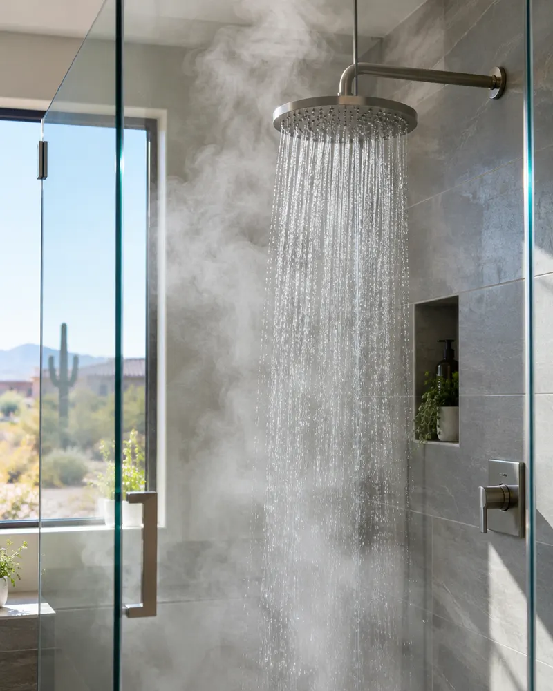 Steam rising from a rainfall showerhead in a modern bathroom with clear water streaming down, glass enclosure